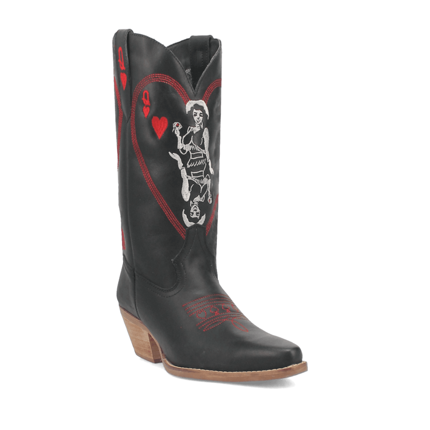 PRODUCT SHOT QUEEN A HEARTS  LEATHER BOOT AT 45 DEGREE ANGLE