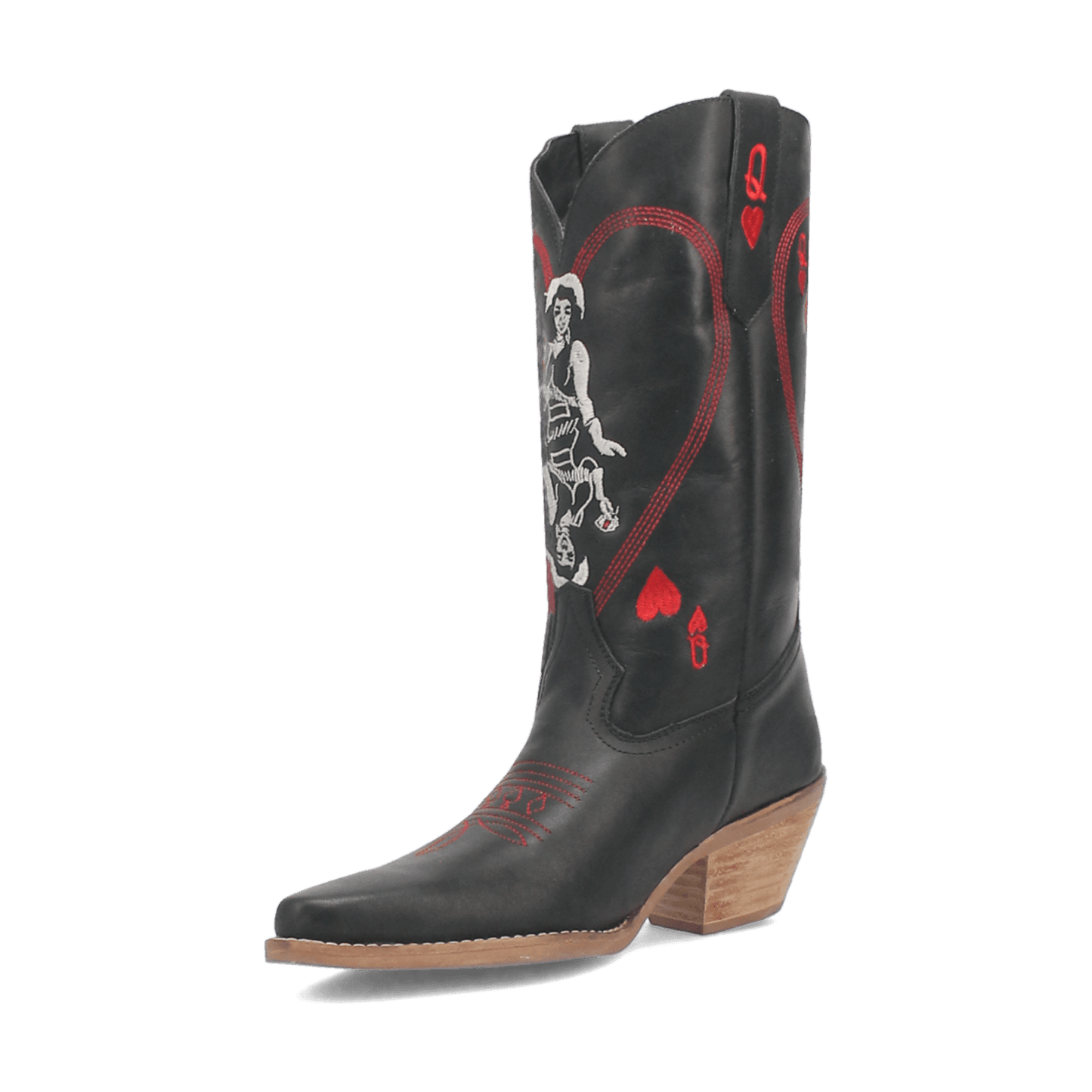 PRODUCT SHOT QUEEN A HEARTS  LEATHER BOOT AT 225 DEGREE ANGLE