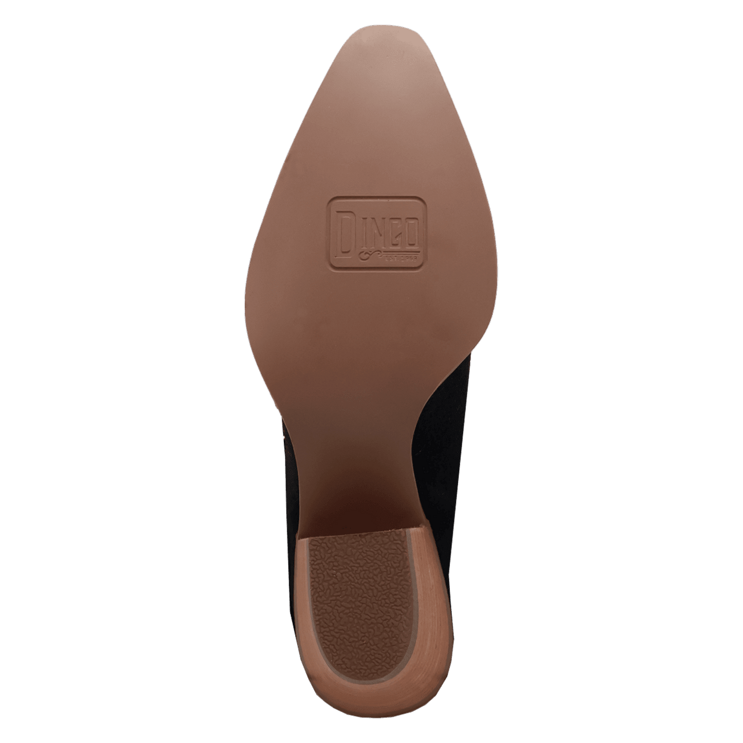 PRODUCT SHOT TAPADERO SUEDE BOOTIE AT OUTSOLE ANGLE