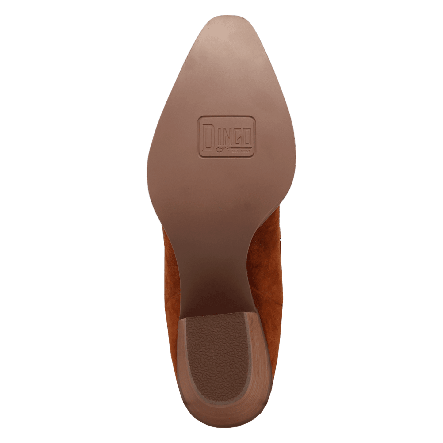 PRODUCT SHOT TAPADERO SUEDE BOOTIE AT OUTSOLE ANGLE