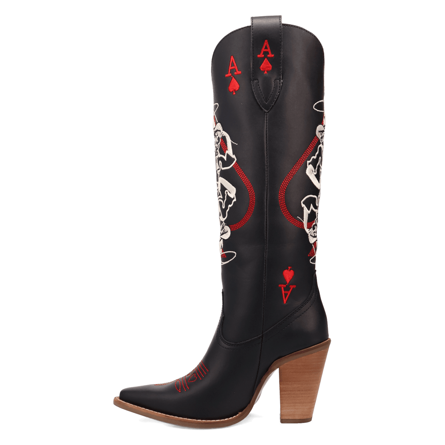 PRODUCT SHOT ACE OF SPADES LEATHER BOOT AT 135 DEGREE OUTSIDE ANGLE
