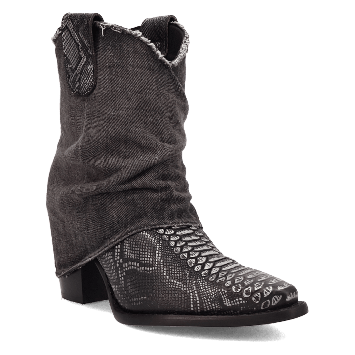 PRODUCT SHOT DENIM DREAM LEATHER BOOTIE AT 45 DEGREE ANGLE