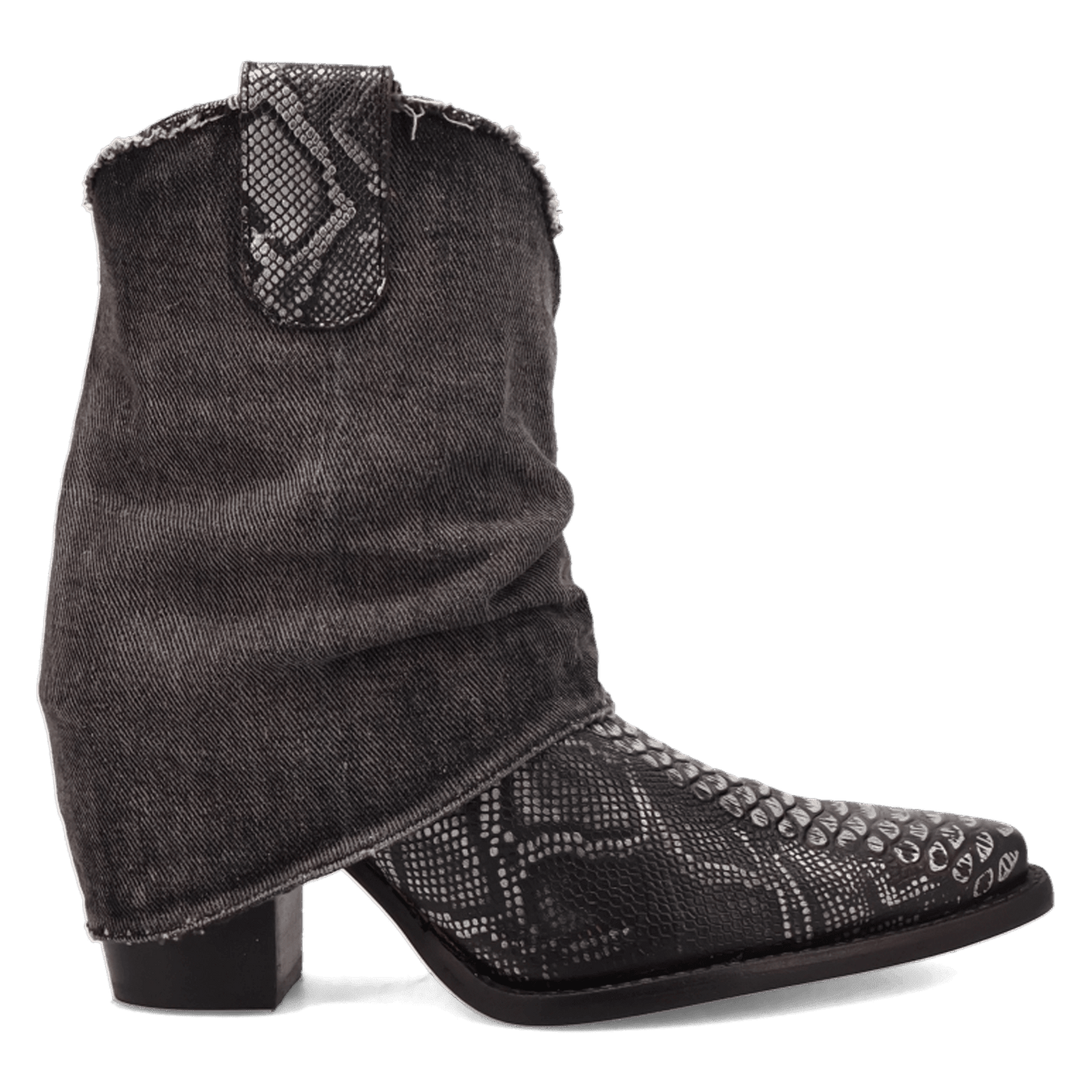 PRODUCT SHOT DENIM DREAM LEATHER BOOTIE AT 90 DEGREE INSIDE ANGLE