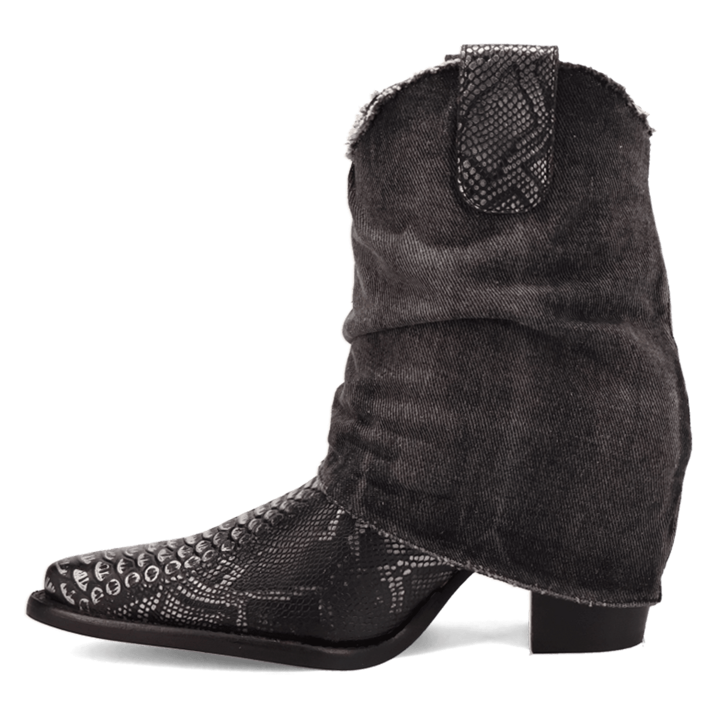 PRODUCT SHOT DENIM DREAM LEATHER BOOTIE AT 135 DEGREE OUTSIDE ANGLE