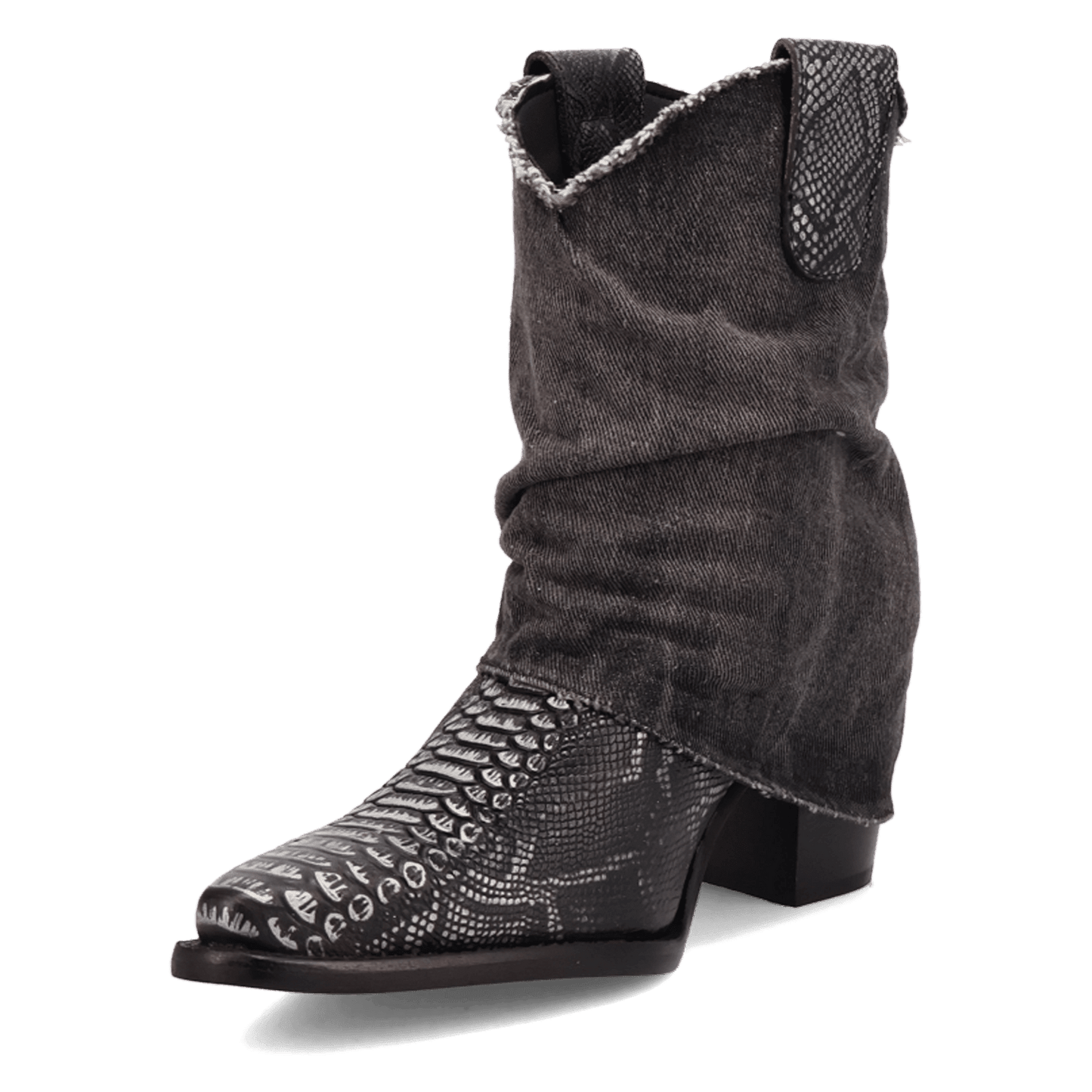 PRODUCT SHOT DENIM DREAM LEATHER BOOTIE AT 225 DEGREE ANGLE