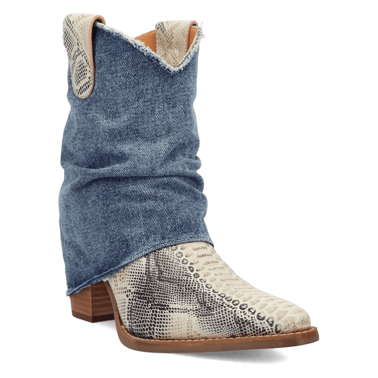 PRODUCT SHOT DENIM DREAM LEATHER BOOTIE AT 45 DEGREE ANGLE