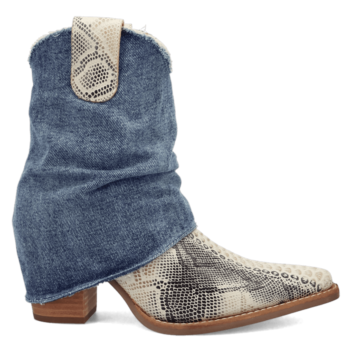 PRODUCT SHOT DENIM DREAM LEATHER BOOTIE AT 90 DEGREE INSIDE ANGLE