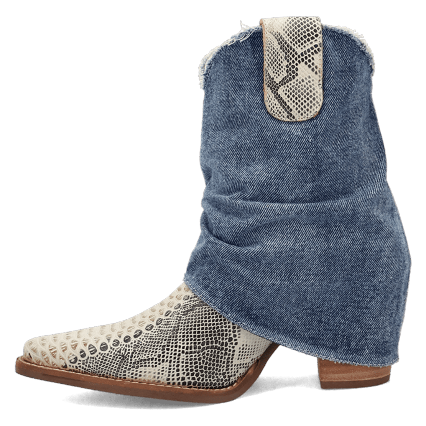 PRODUCT SHOT DENIM DREAM LEATHER BOOTIE AT 135 DEGREE OUTSIDE ANGLE
