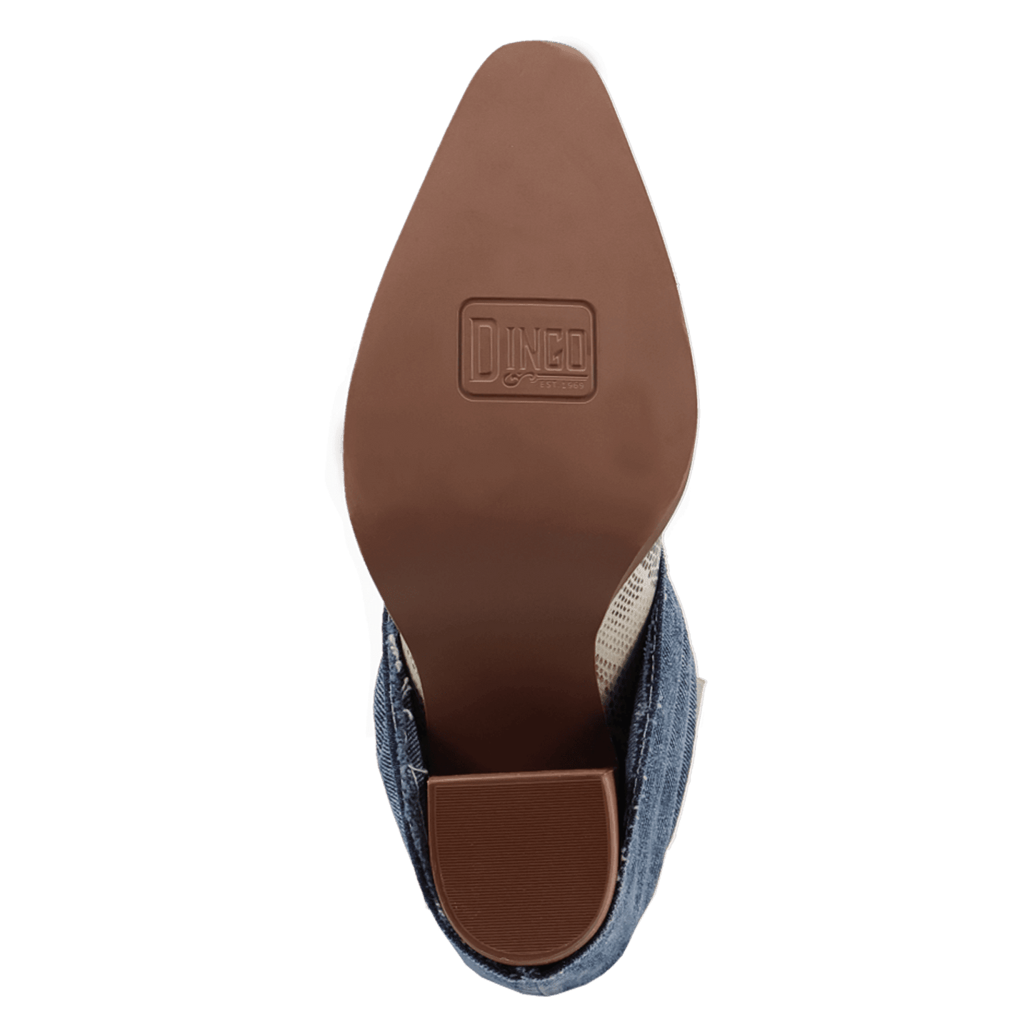 PRODUCT SHOT DENIM DREAM LEATHER BOOTIE AT OUTSOLE ANGLE