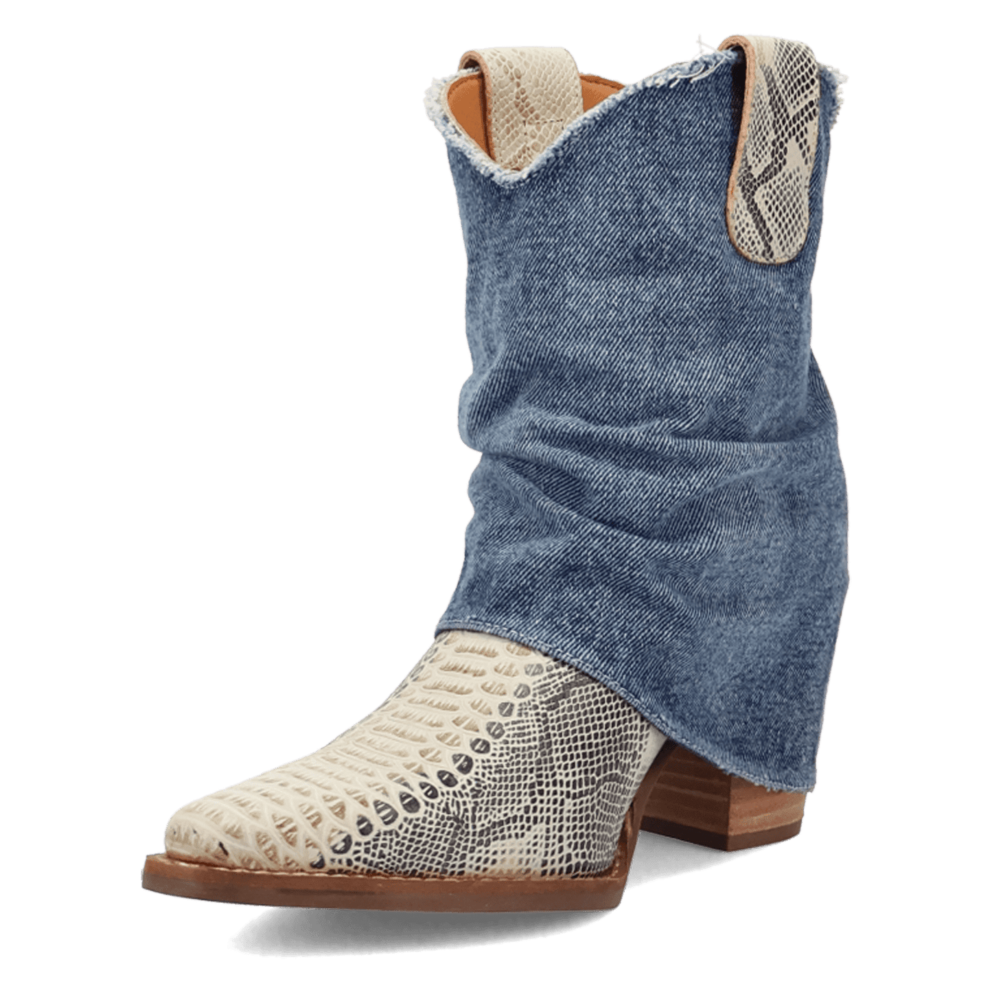 PRODUCT SHOT DENIM DREAM LEATHER BOOTIE AT 225 DEGREE ANGLE