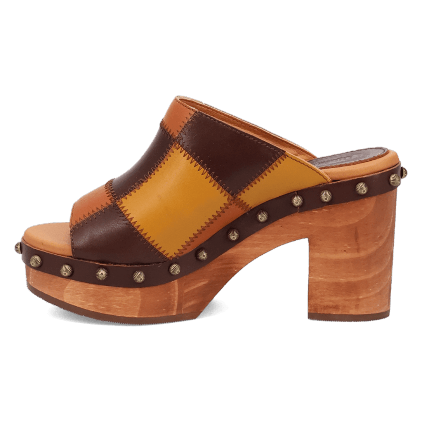 PRODUCT SHOT MOSAIC WOODEN SANDAL AT 135 DEGREE OUTSIDE ANGLE