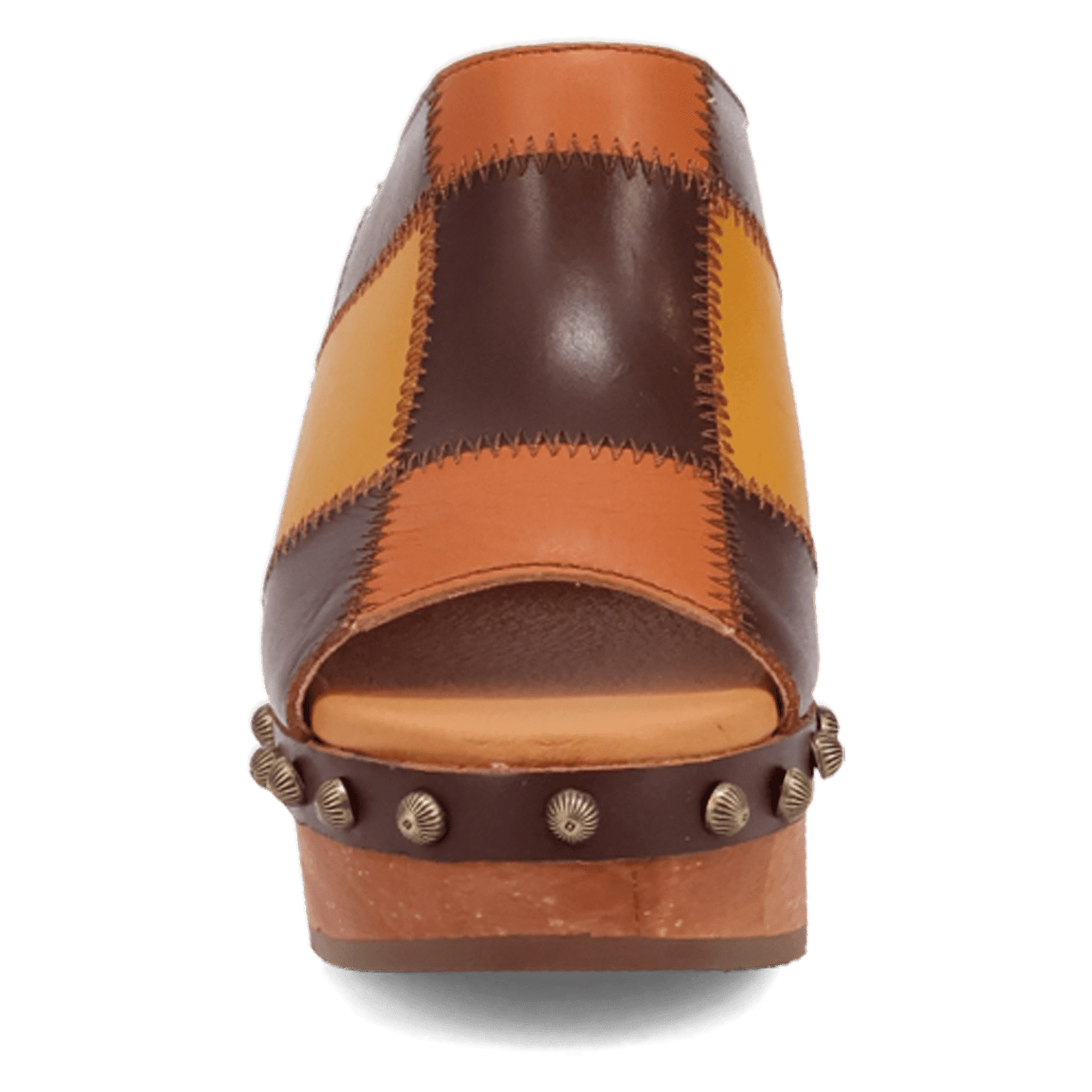 PRODUCT SHOT MOSAIC WOODEN SANDAL AT FRONT ANGLE