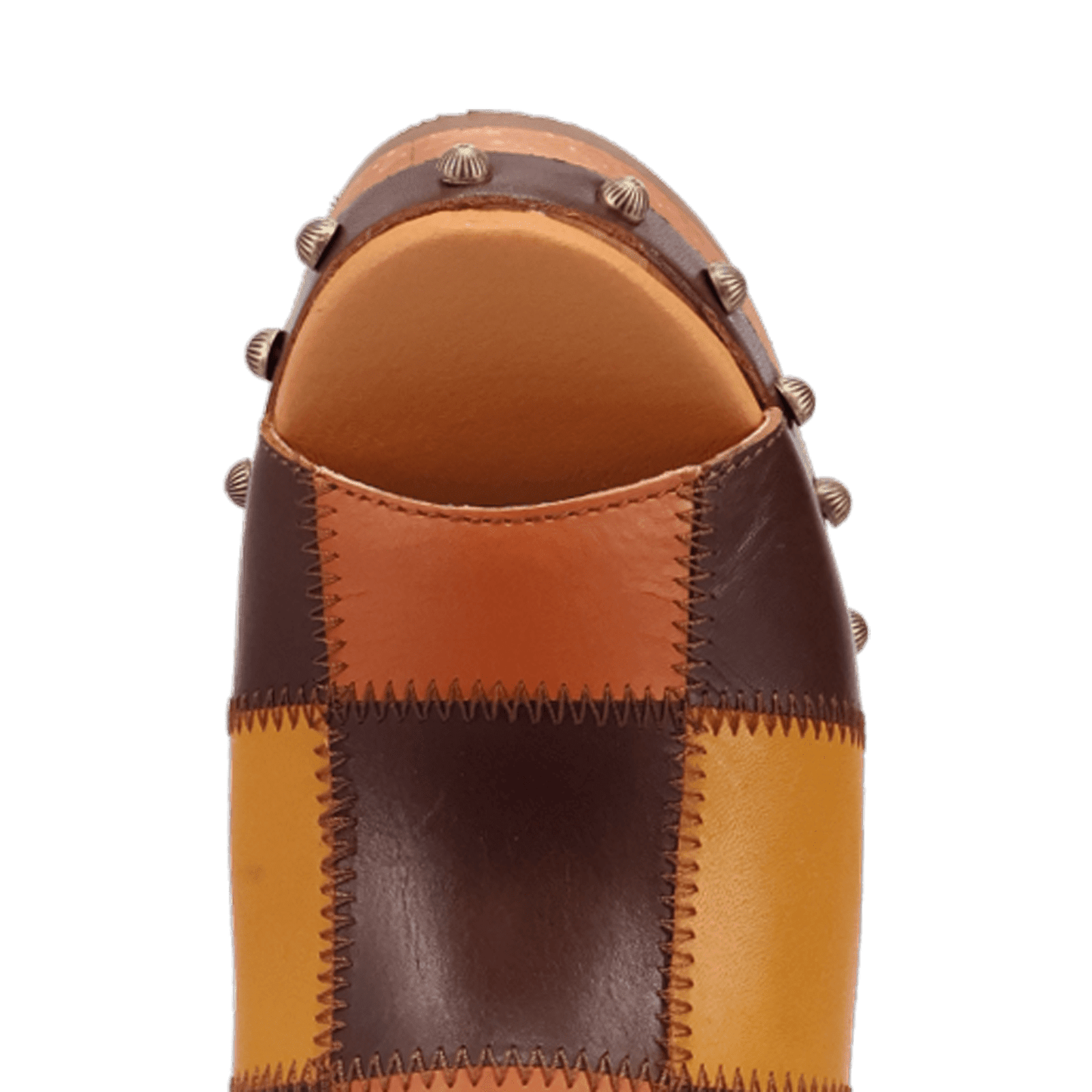 PRODUCT SHOT MOSAIC WOODEN SANDAL AT TOE ANGLE