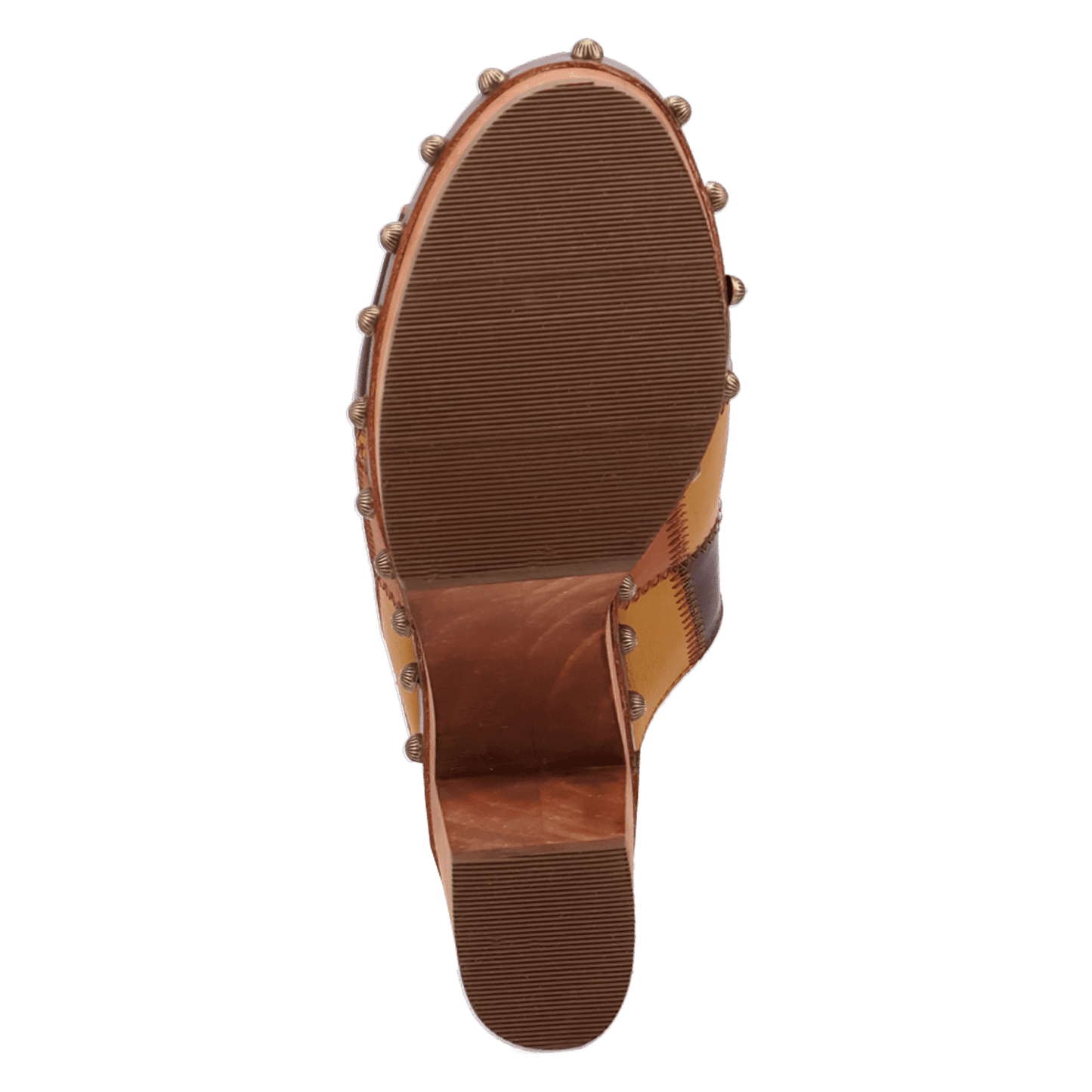 PRODUCT SHOT MOSAIC WOODEN SANDAL AT OUTSOLE ANGLE