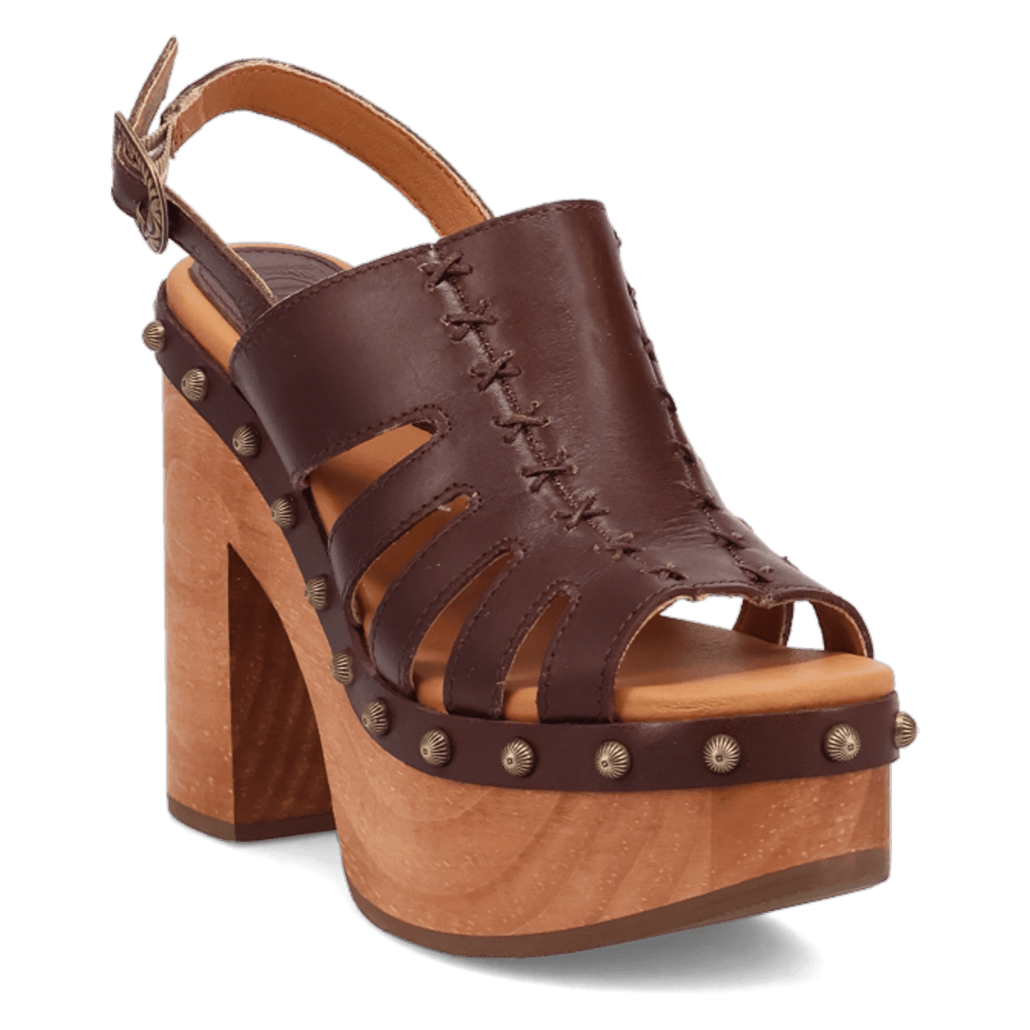 PRODUCT SHOT GEMA WOODEN SANDAL AT 45 DEGREE ANGLE