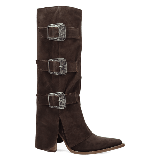 PRODUCT SHOT BUCKLE BUNNY SUEDE LEATHER BOOT AT 225 DEGREE ANGLE