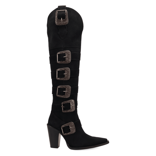 PRODUCT SHOT BUCKED OFF LEATHER BOOT AT 90 DEGREE INSIDE ANGLE