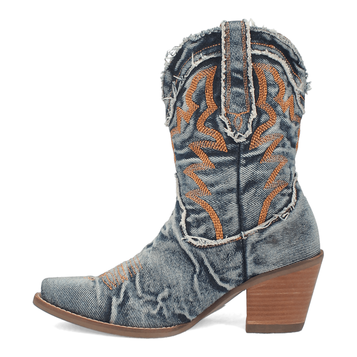 PRODUCT SHOT Y'ALL NEED DOLLY DENIM BOOT AT 135 DEGREE OUTSIDE ANGLE