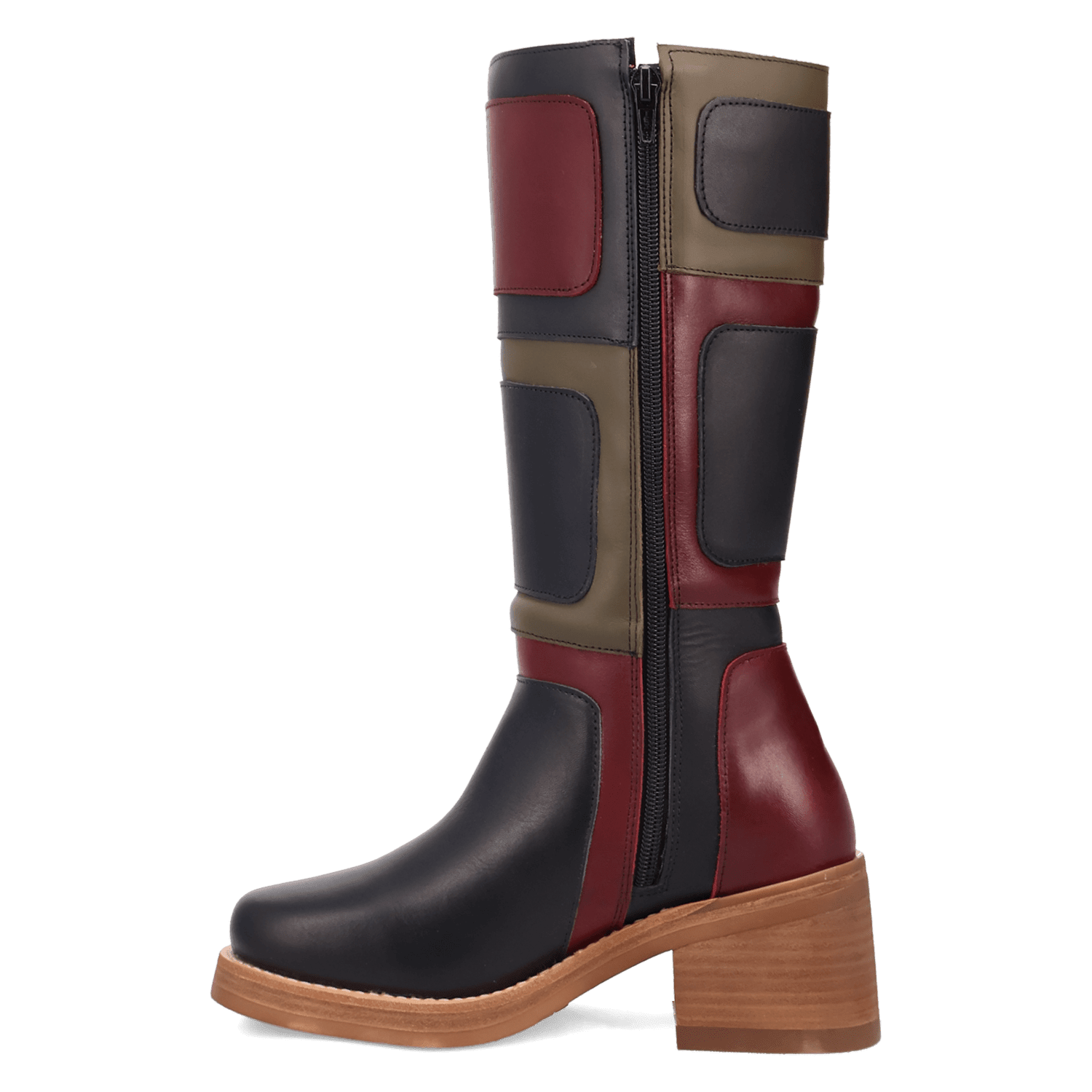PRODUCT SHOT PATCHES LEATHER BOOT AT 135 DEGREE OUTSIDE ANGLE