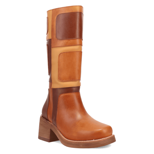 PRODUCT SHOT PATCHES LEATHER BOOT AT 45 DEGREE ANGLE