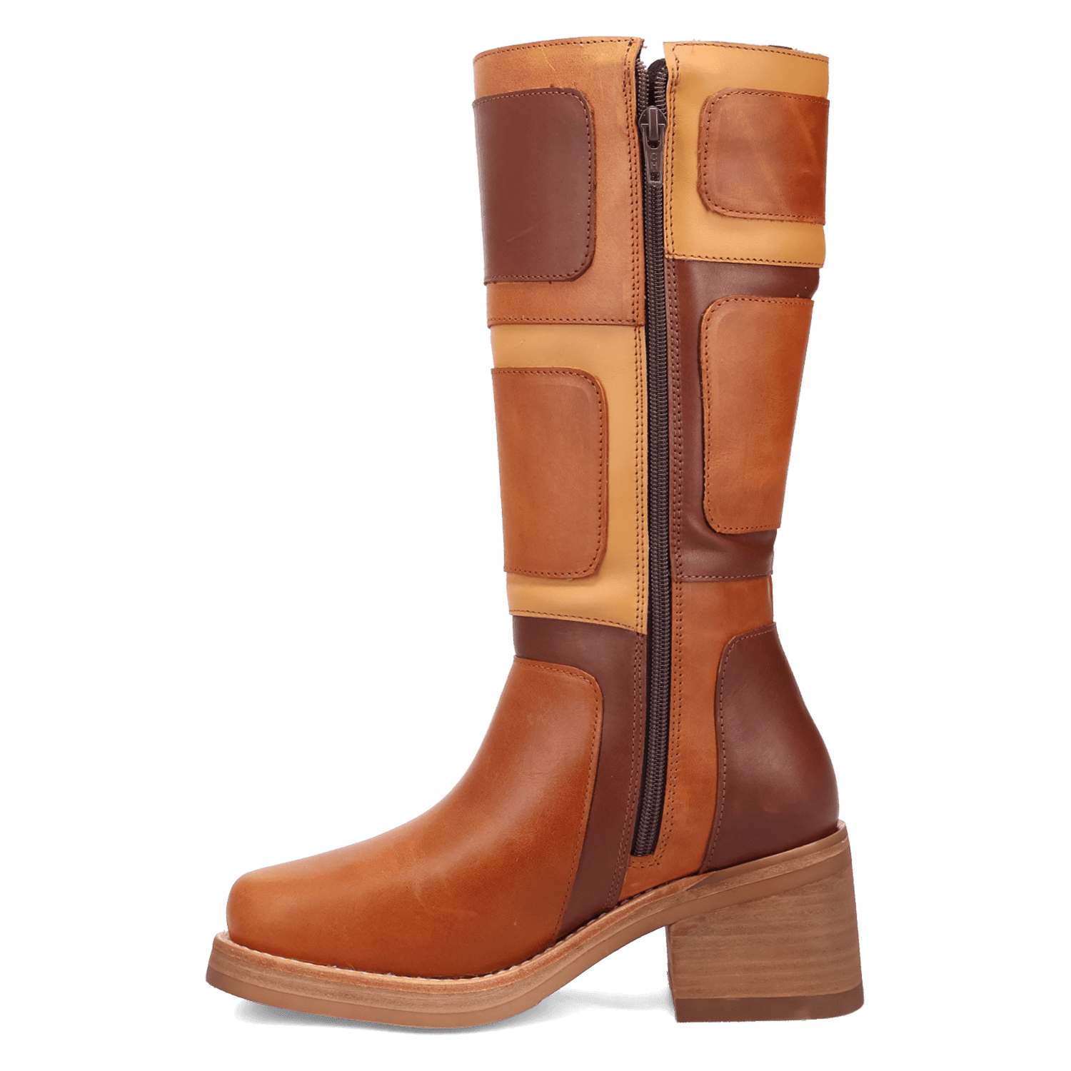 PRODUCT SHOT PATCHES LEATHER BOOT AT 135 DEGREE OUTSIDE ANGLE