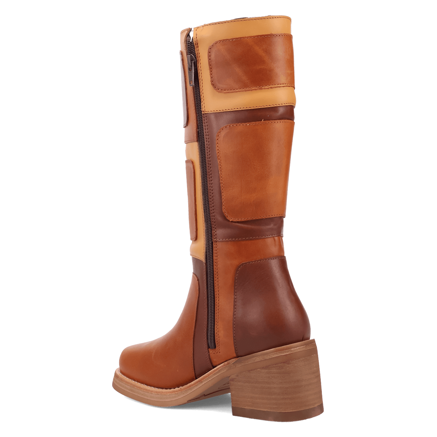 PRODUCT SHOT PATCHES LEATHER BOOT AT 270 DEGREE ANGLE