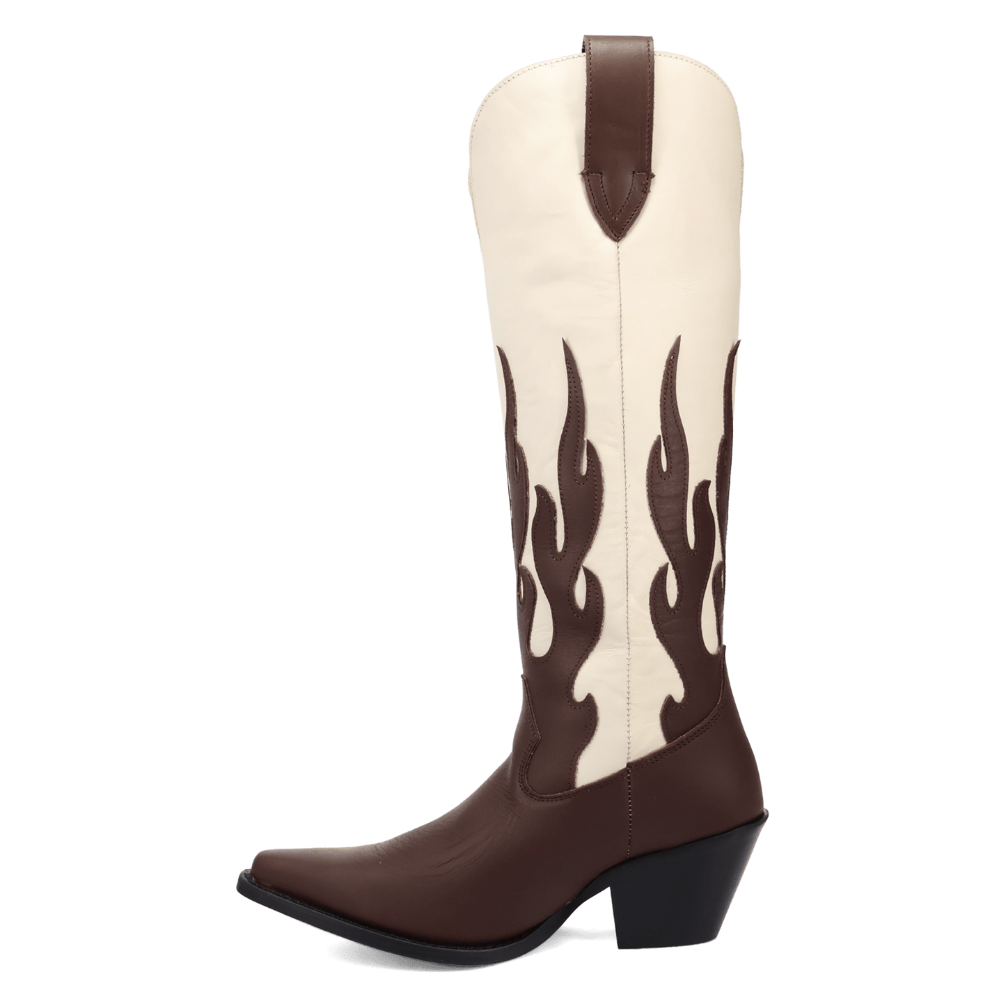 PRODUCT SHOT BURNIN' LOVE LEATHER BOOT AT 135 DEGREE OUTSIDE ANGLE