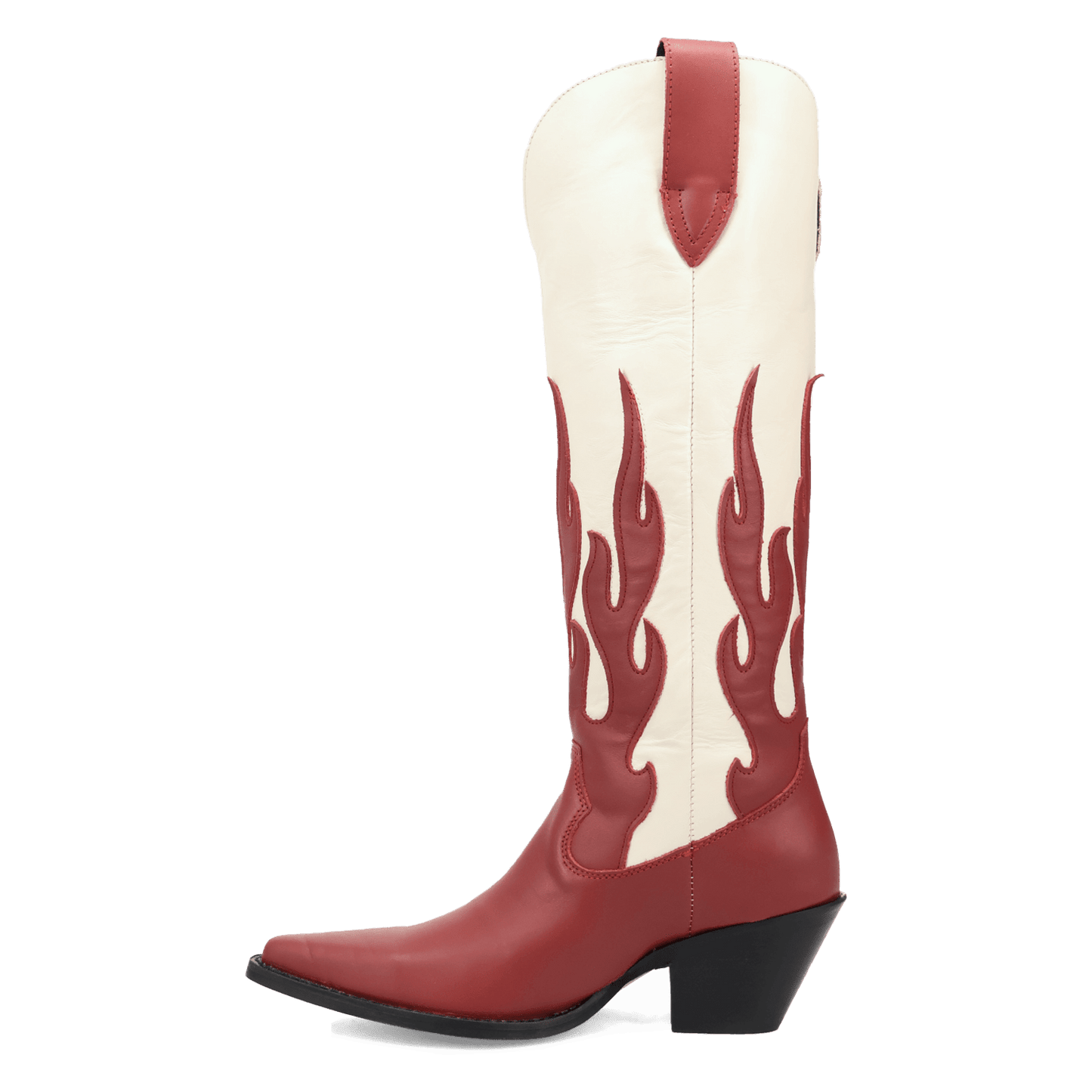 PRODUCT SHOT BURNIN' LOVE LEATHER BOOT AT 135 DEGREE OUTSIDE ANGLE