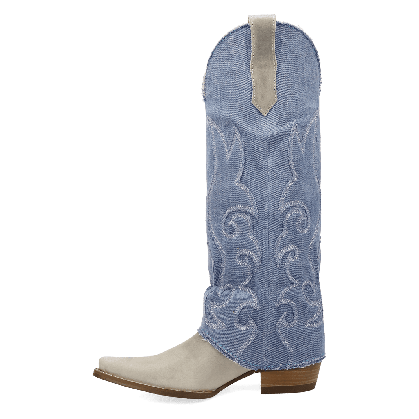 PRODUCT SHOT BLUE JEAN BABY LEATHER BOOT AT 135 DEGREE OUTSIDE ANGLE