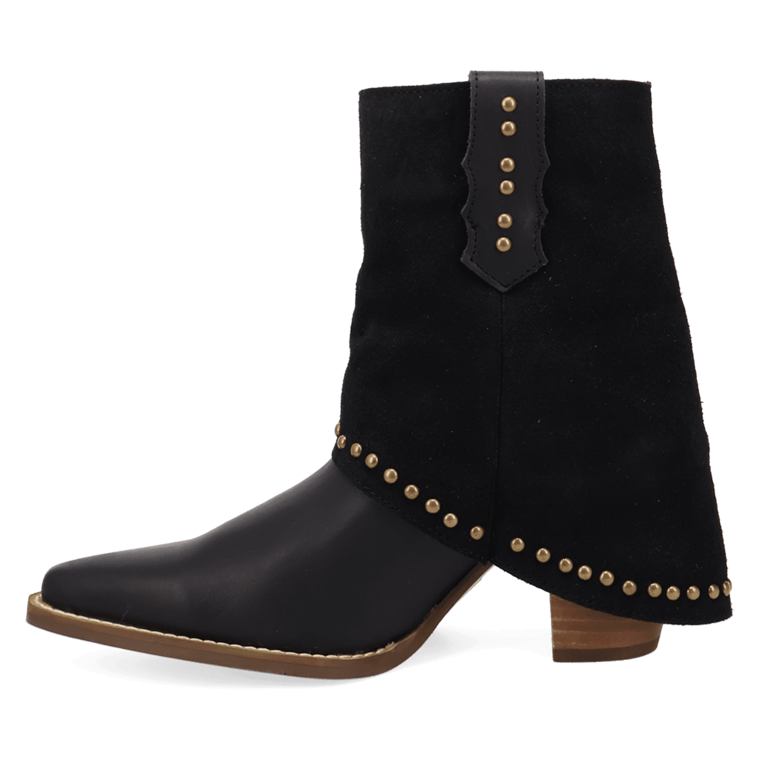 PRODUCT SHOT OFF THE CUFF LEATHER BOOTIE AT 135 DEGREE OUTSIDE ANGLE