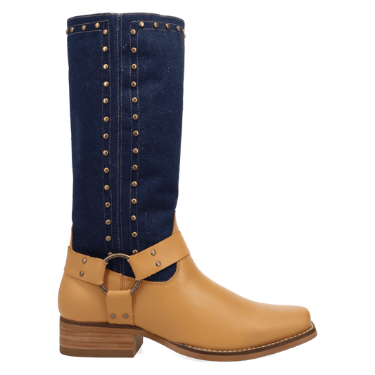 PRODUCT SHOT TRUE BLUE LEATHER BOOT AT 90 DEGREE INSIDE ANGLE
