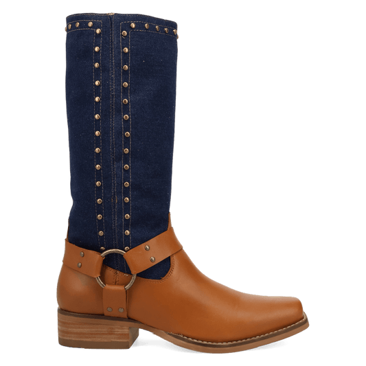 PRODUCT SHOT TRUE BLUE LEATHER BOOT AT 90 DEGREE INSIDE ANGLE