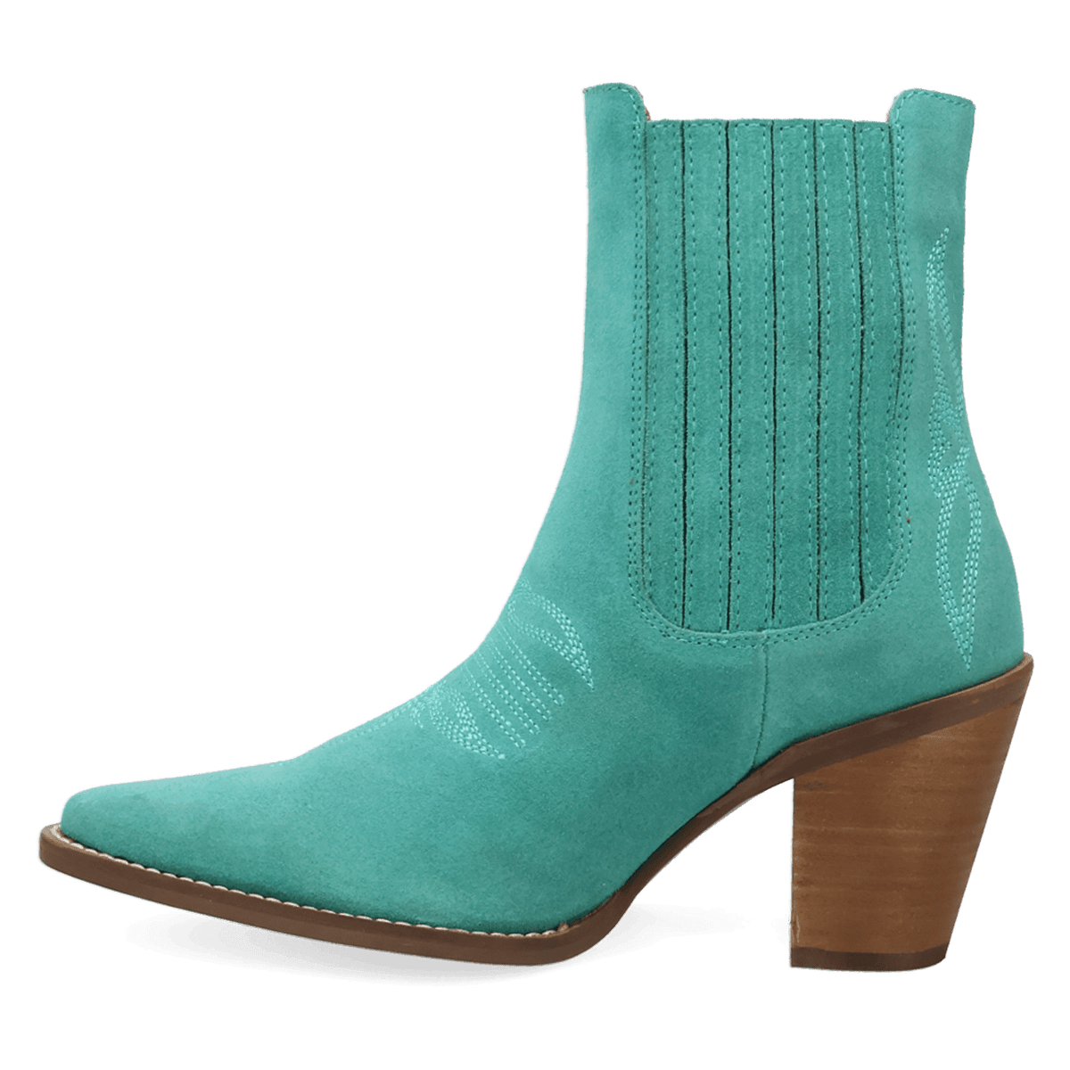 PRODUCT SHOT PALOMA SUEDE LEATHER BOOTIE AT 135 DEGREE OUTSIDE ANGLE
