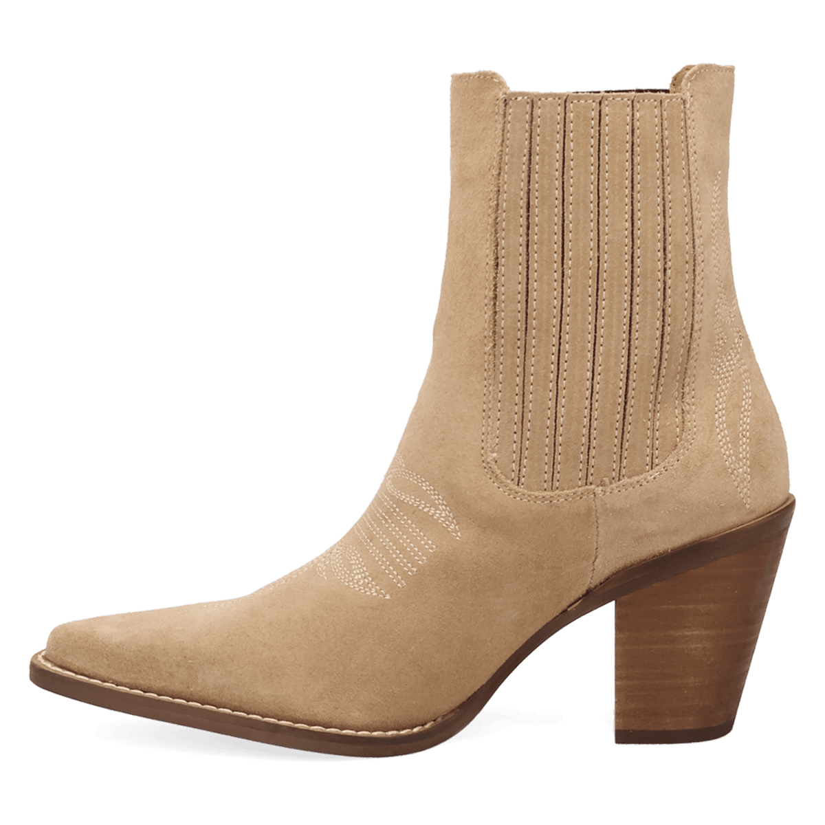 PRODUCT SHOT PALOMA SUEDE LEATHER BOOTIE AT 135 DEGREE OUTSIDE ANGLE