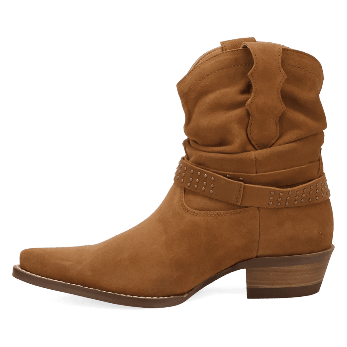 PRODUCT SHOT SCRUNCHY SUEDE BOOTIE AT 135 DEGREE OUTSIDE ANGLE
