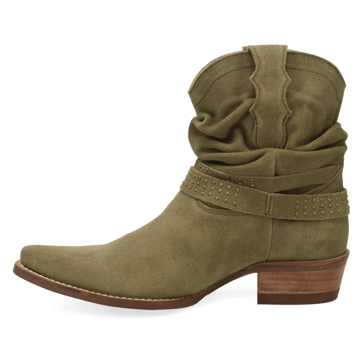 PRODUCT SHOT SCRUNCHY SUEDE BOOTIE AT 135 DEGREE OUTSIDE ANGLE