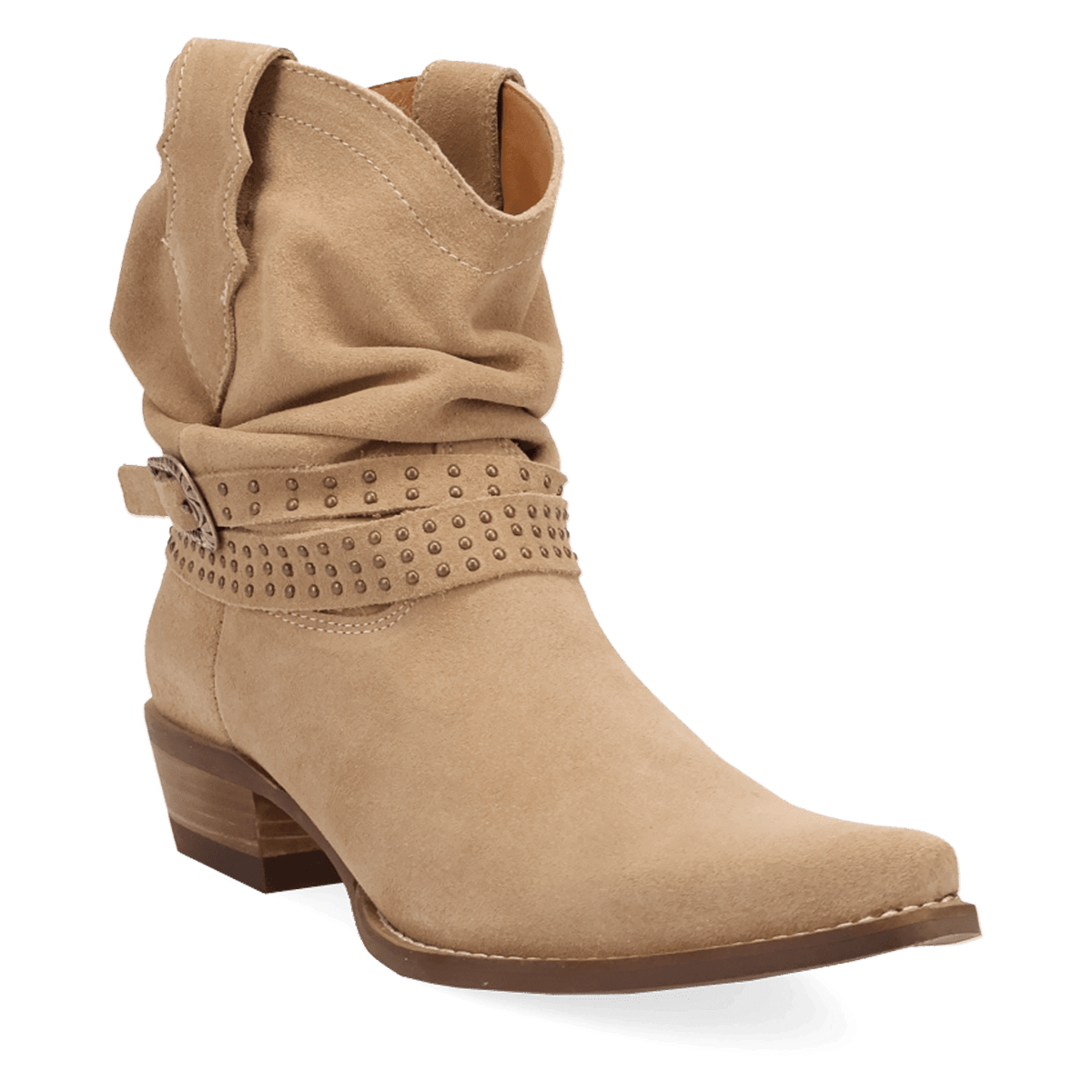 PRODUCT SHOT SCRUNCHY SUEDE BOOTIE AT 45 DEGREE ANGLE