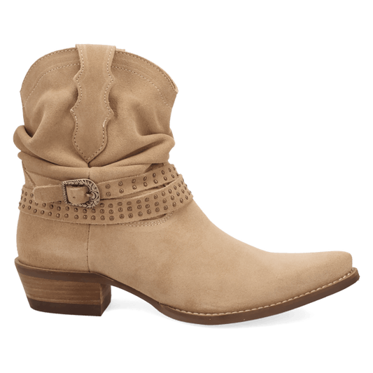 PRODUCT SHOT SCRUNCHY SUEDE BOOTIE AT 90 DEGREE INSIDE ANGLE