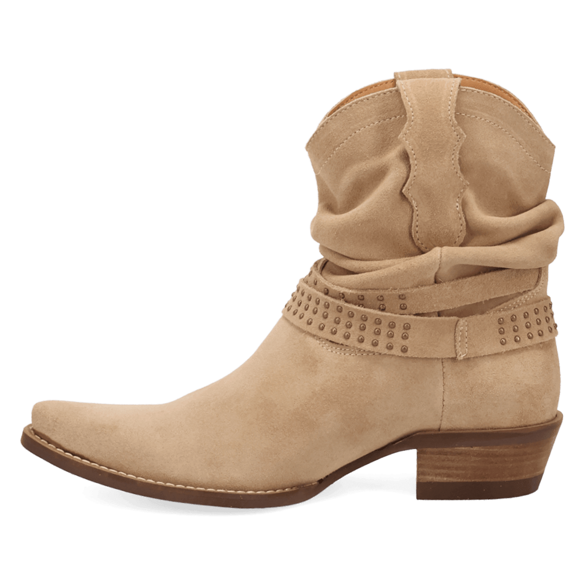 PRODUCT SHOT SCRUNCHY SUEDE BOOTIE AT 135 DEGREE OUTSIDE ANGLE