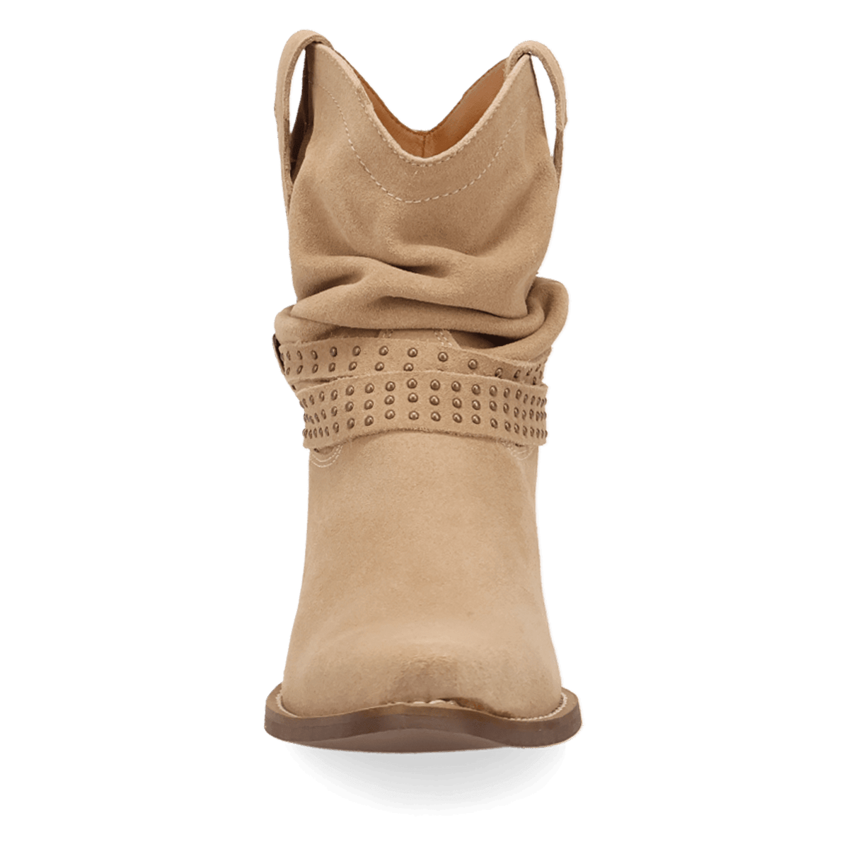 PRODUCT SHOT SCRUNCHY SUEDE BOOTIE AT FRONT ANGLE