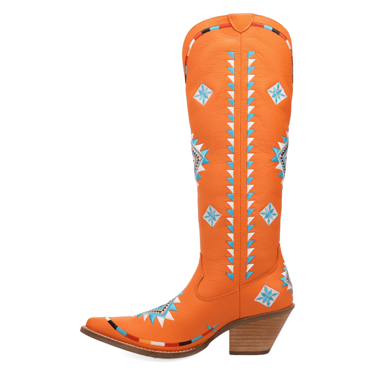 PRODUCT SHOT TERRACOTTA LEATHER BOOT AT 135 DEGREE OUTSIDE ANGLE