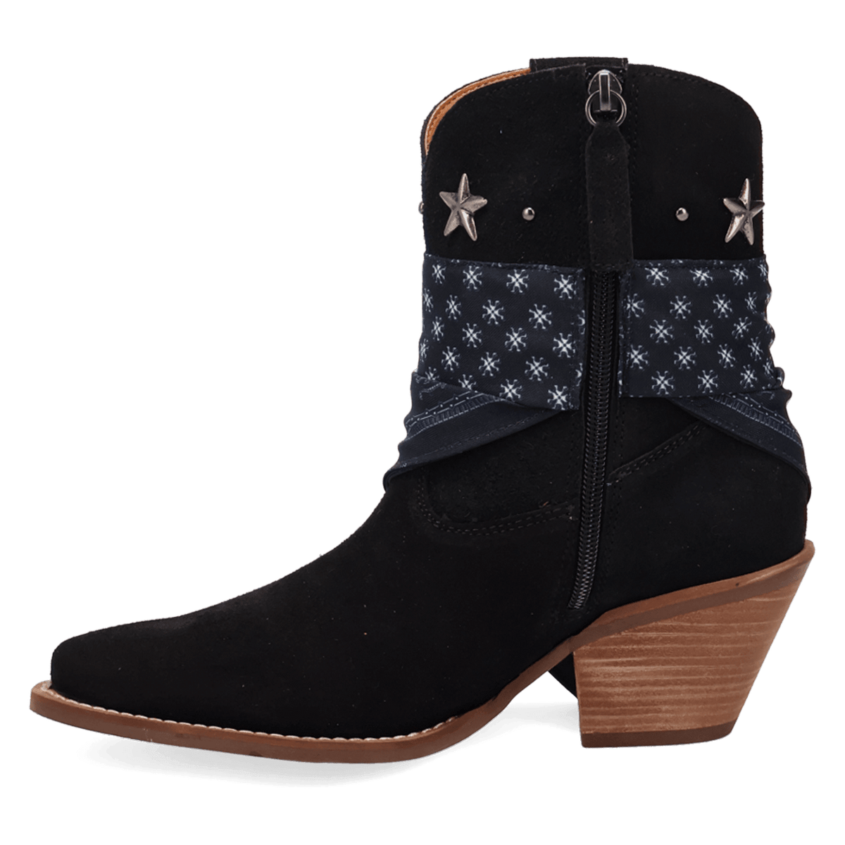 PRODUCT SHOT SUNDANCE SUEDE BOOTIE AT 135 DEGREE OUTSIDE ANGLE