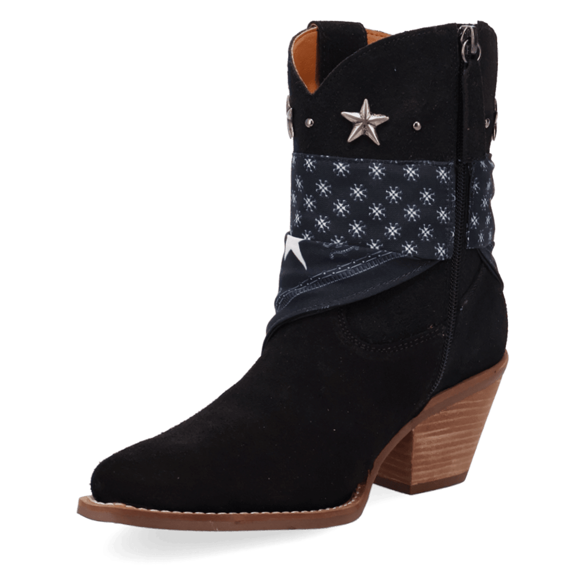 PRODUCT SHOT SUNDANCE SUEDE BOOTIE AT 225 DEGREE ANGLE