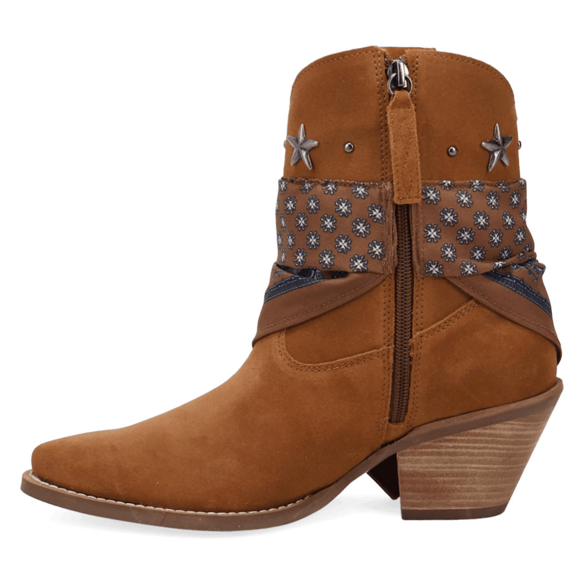 PRODUCT SHOT SUNDANCE SUEDE BOOTIE AT 135 DEGREE OUTSIDE ANGLE