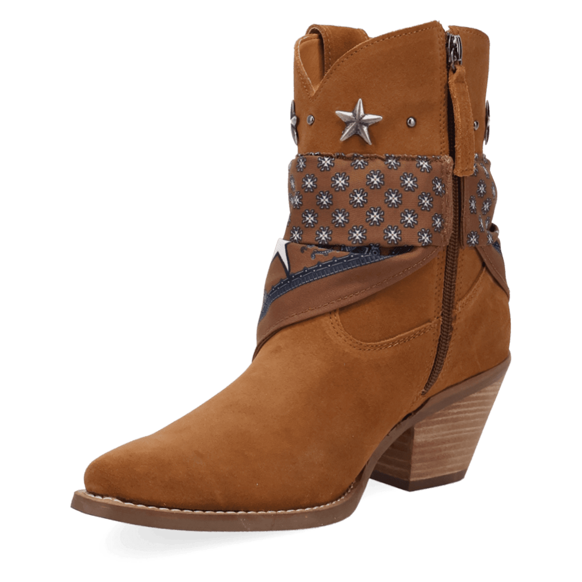 PRODUCT SHOT SUNDANCE SUEDE BOOTIE AT 225 DEGREE ANGLE
