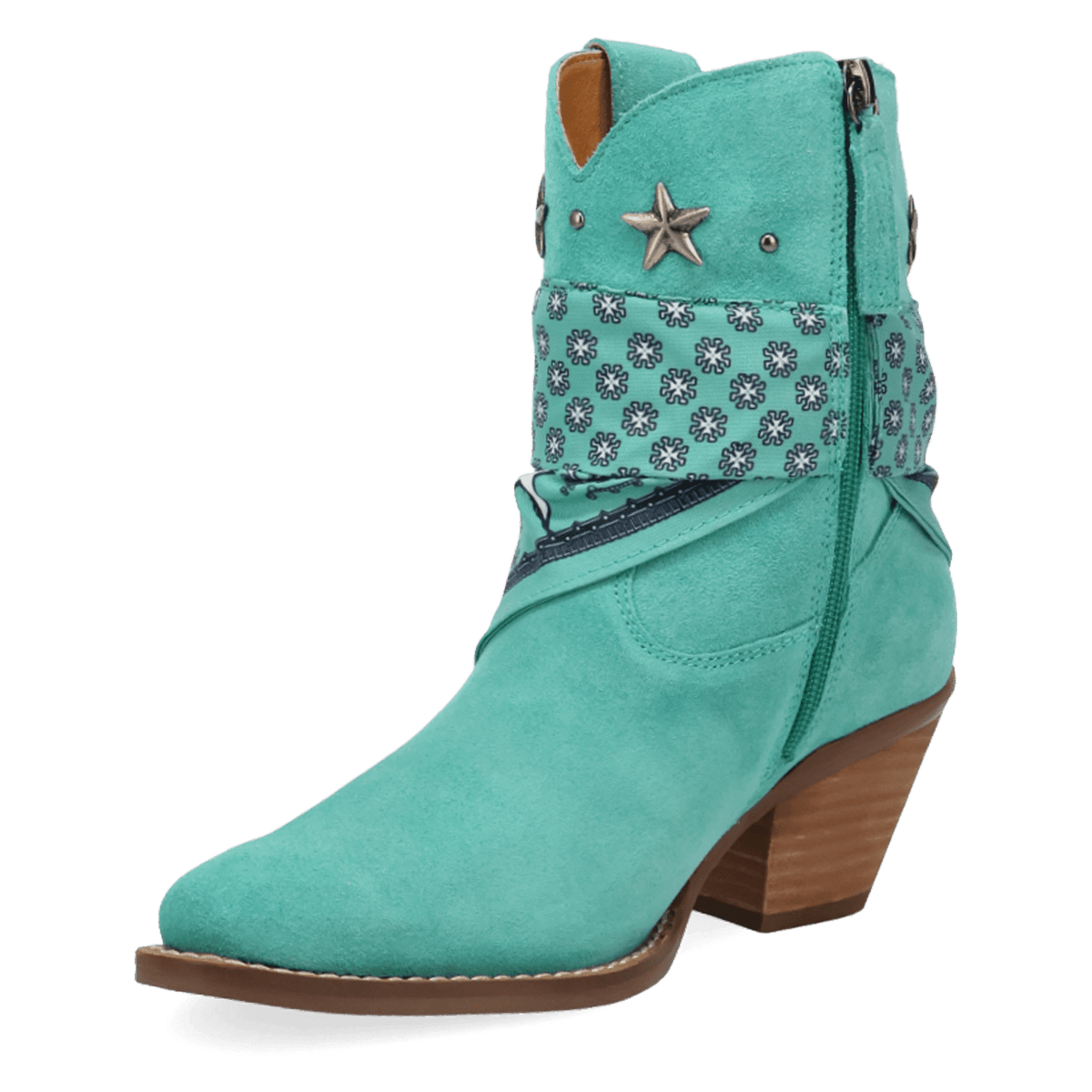 PRODUCT SHOT SUNDANCE SUEDE BOOTIE AT 225 DEGREE ANGLE