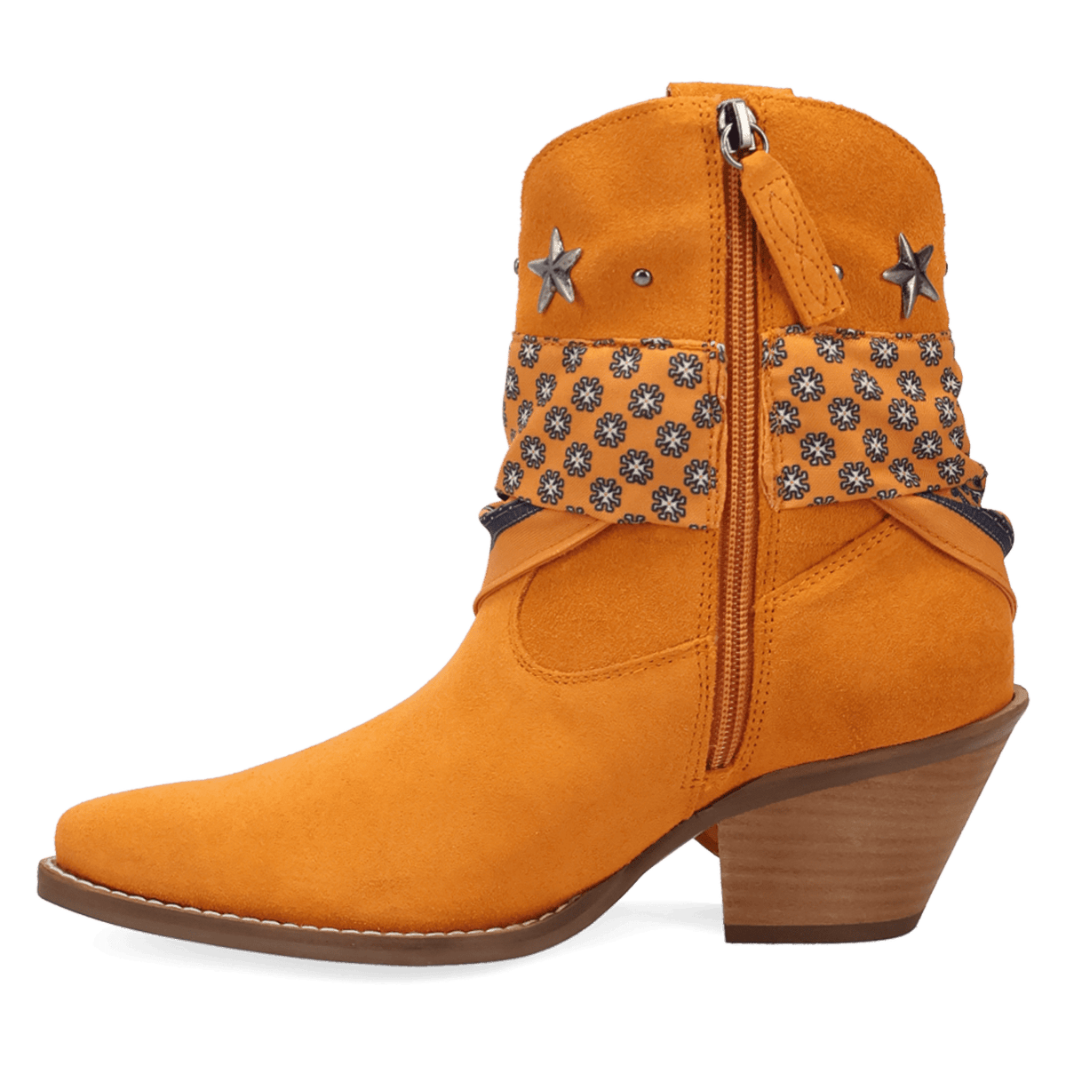 PRODUCT SHOT SUNDANCE SUEDE BOOTIE AT 135 DEGREE OUTSIDE ANGLE