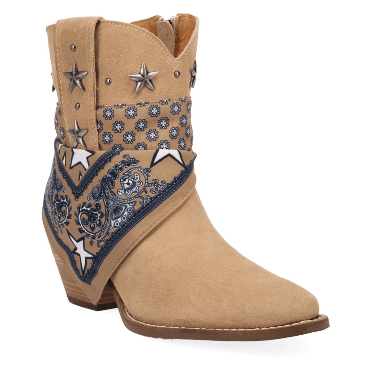 PRODUCT SHOT SUNDANCE SUEDE BOOTIE AT 45 DEGREE ANGLE