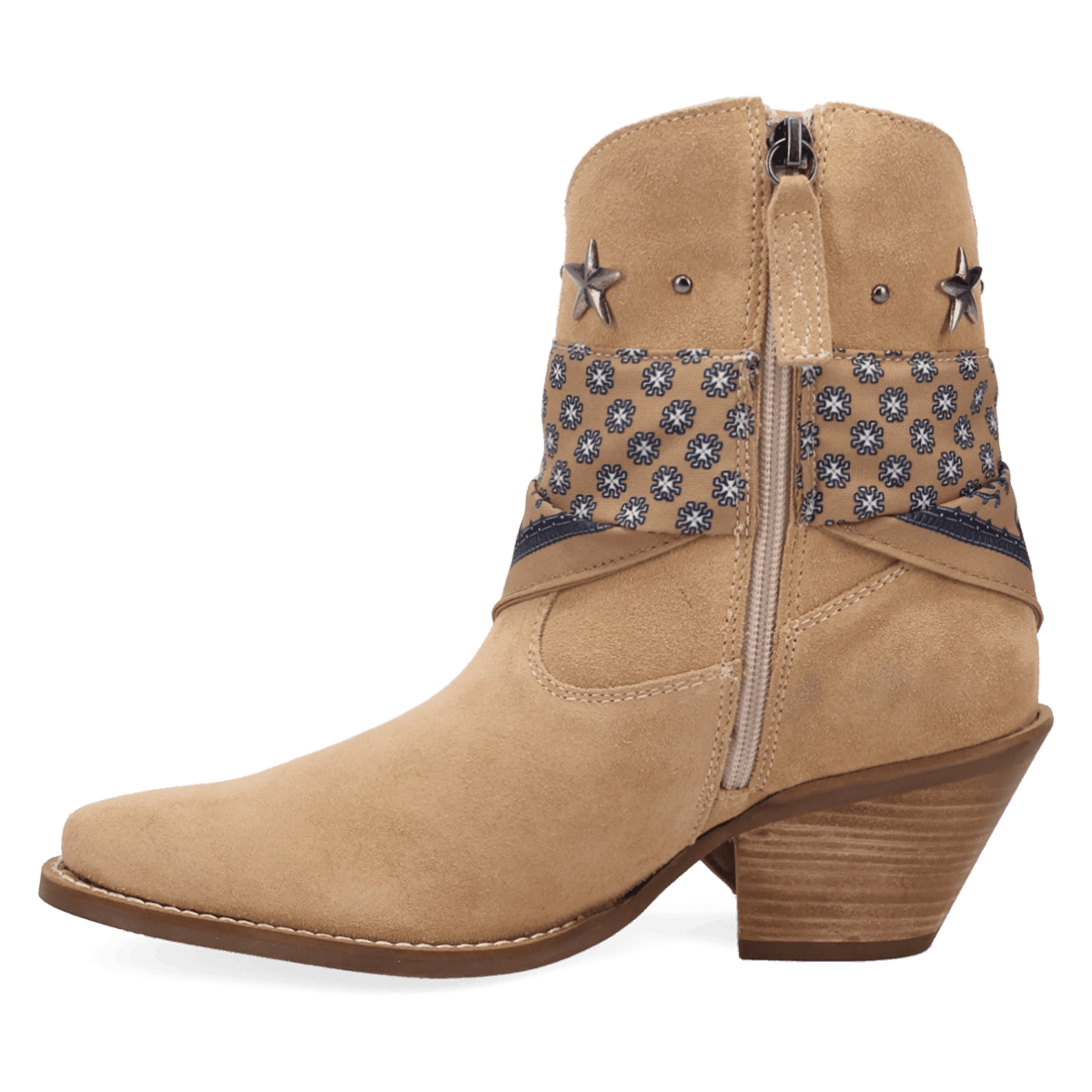 PRODUCT SHOT SUNDANCE SUEDE BOOTIE AT 135 DEGREE OUTSIDE ANGLE