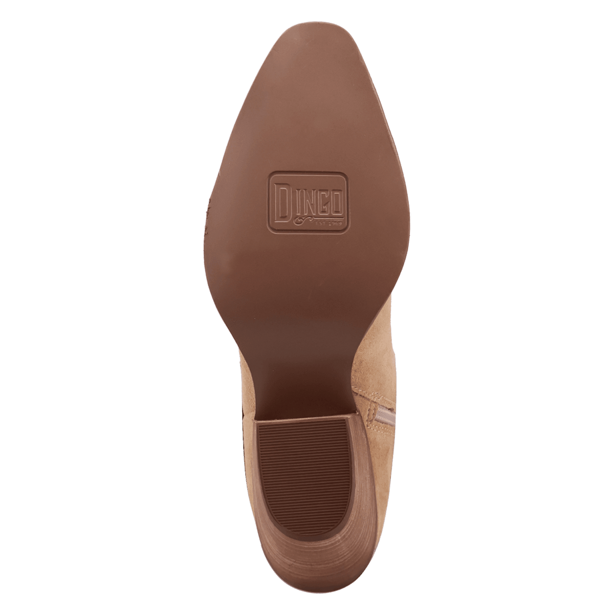 PRODUCT SHOT SUNDANCE SUEDE BOOTIE AT OUTSOLE ANGLE